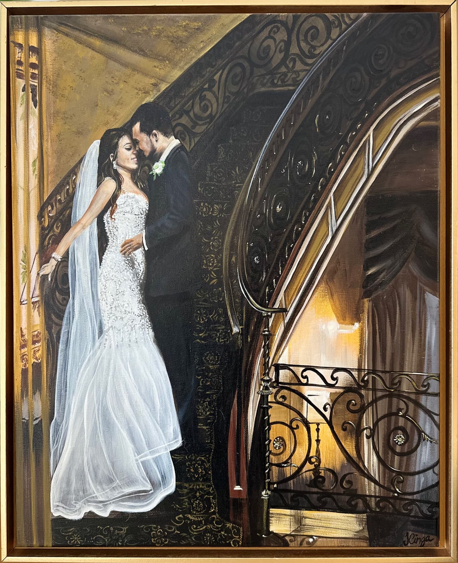 Framed live wedding painting — a finished heirloom oil canvas from a Madison wedding