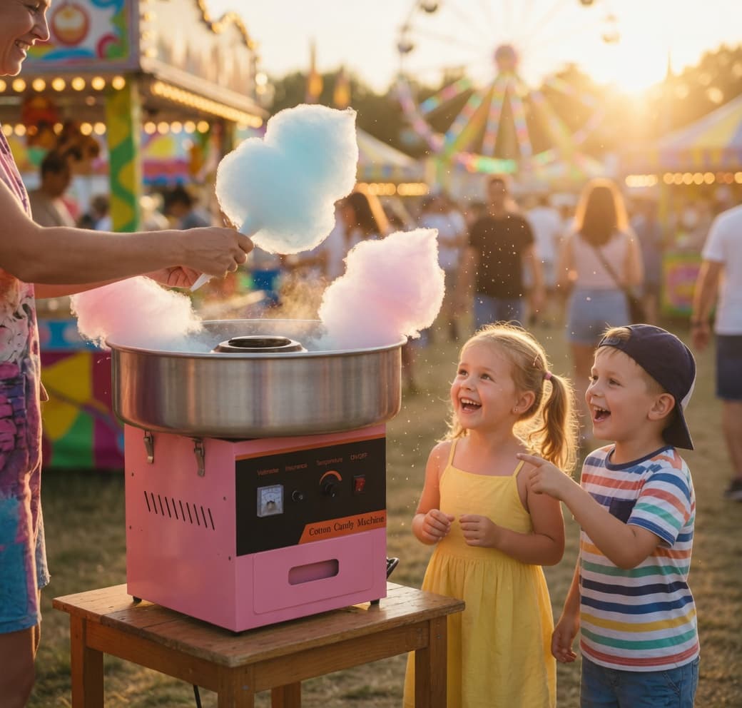 Fresh-spun cotton candy being served from a styled cart to delighted guests